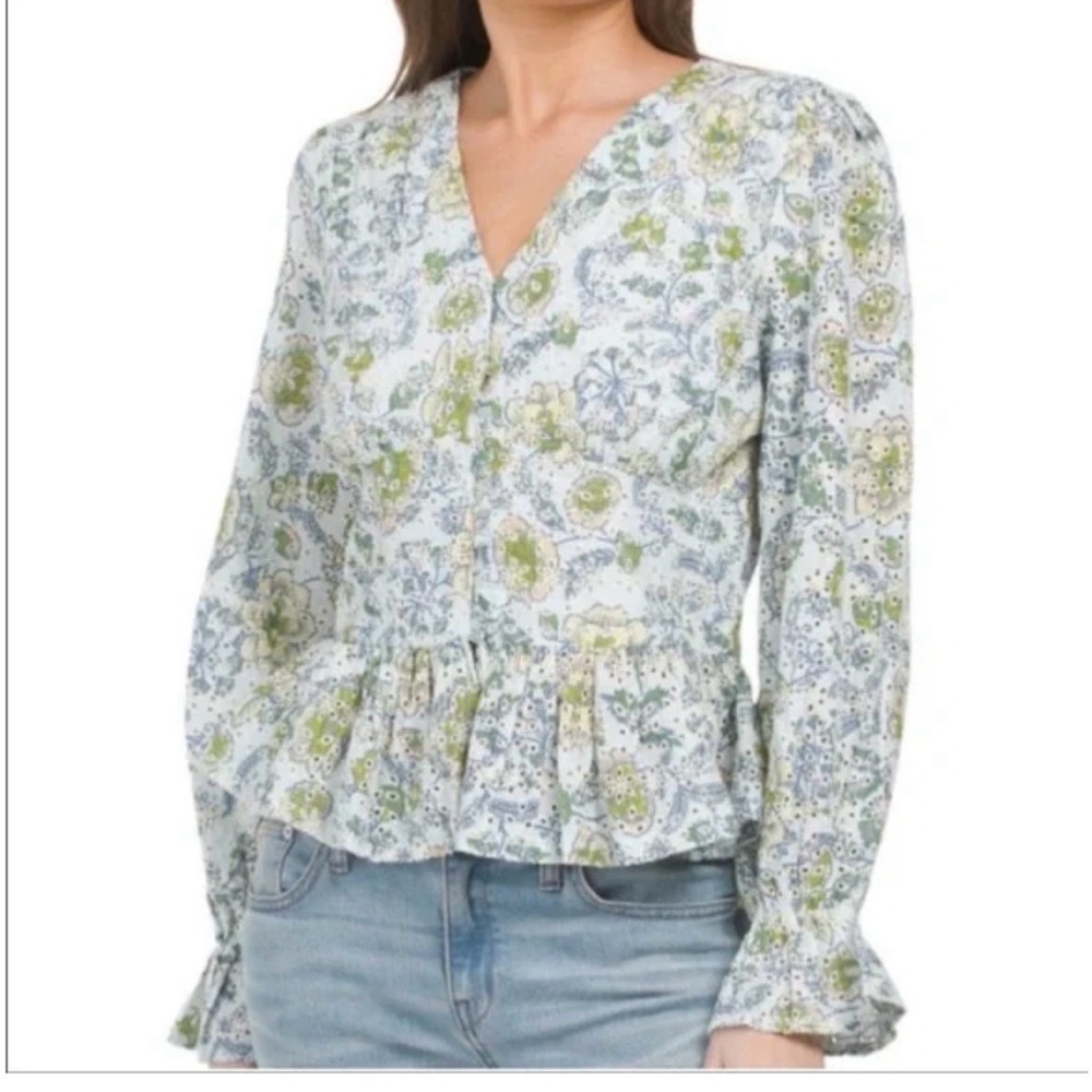 7 for all Mankind Floral Peplum V-Neck Long-Sleeve Blouse - Green/Blue